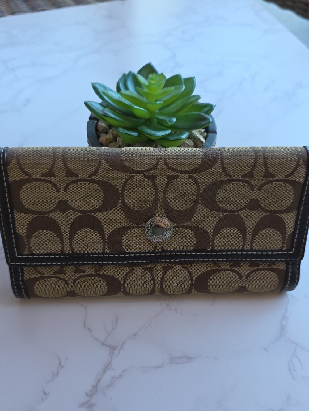 Coach Tan and Brown Signature Canvas Continental Wallet